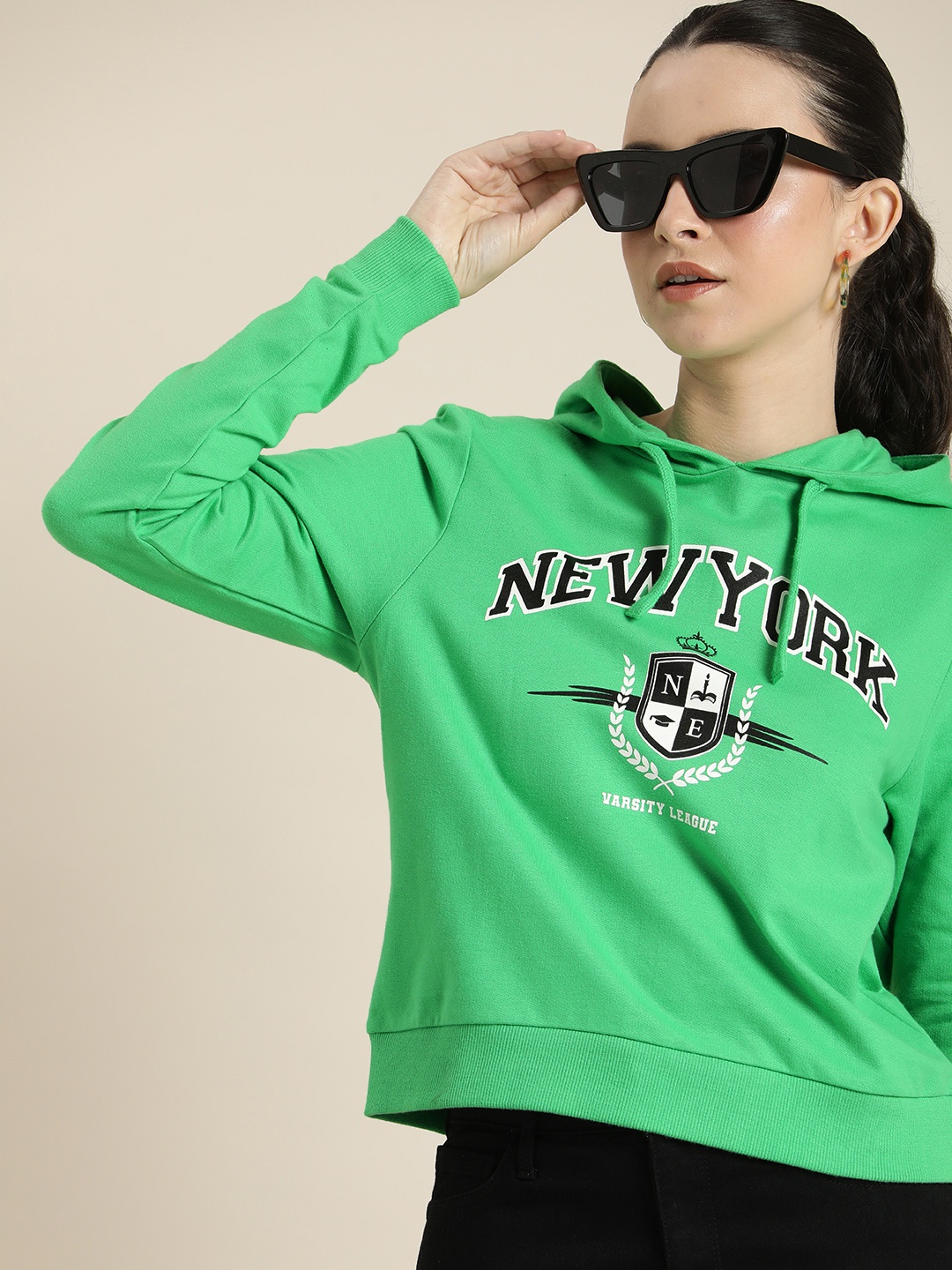 

HERE&NOW Graphic Printed Hooded Pure Cotton Pullover Sweatshirt, Green