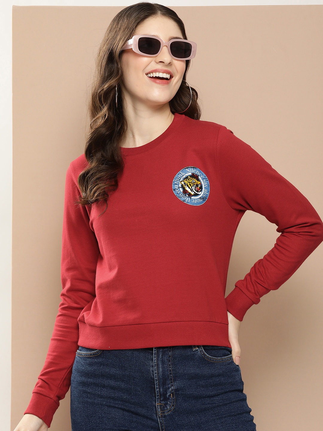 

HERE&NOW Round Neck Printed Pure Cotton Sweatshirt, Red