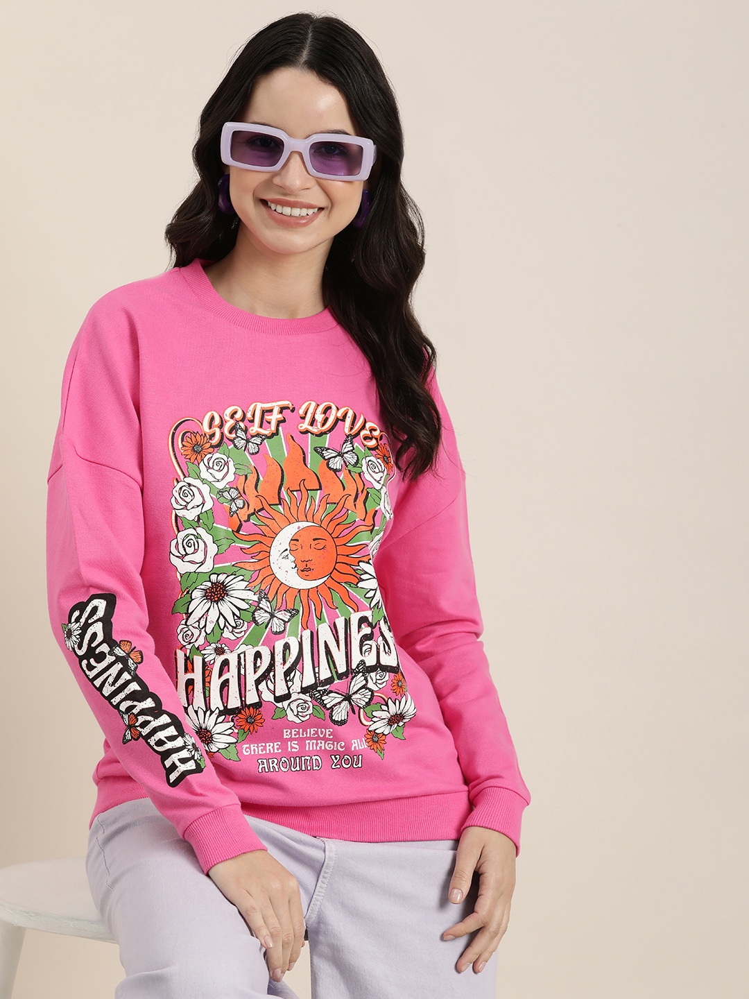 

HERE&NOW Graphic Printed Pure Cotton Sweatshirt, Pink