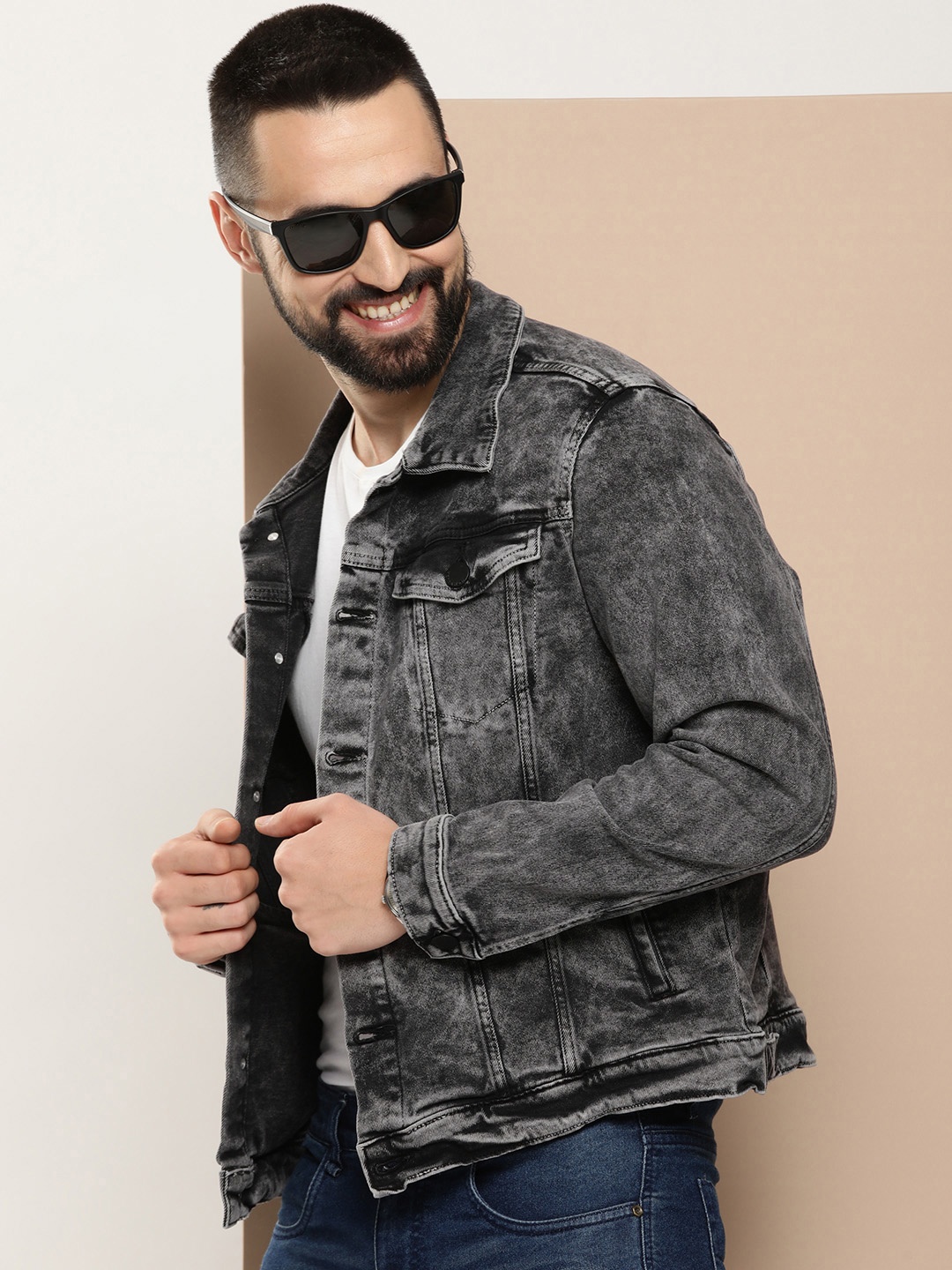 

HERE&NOW Washed Spread-Collar Denim Jacket, Grey
