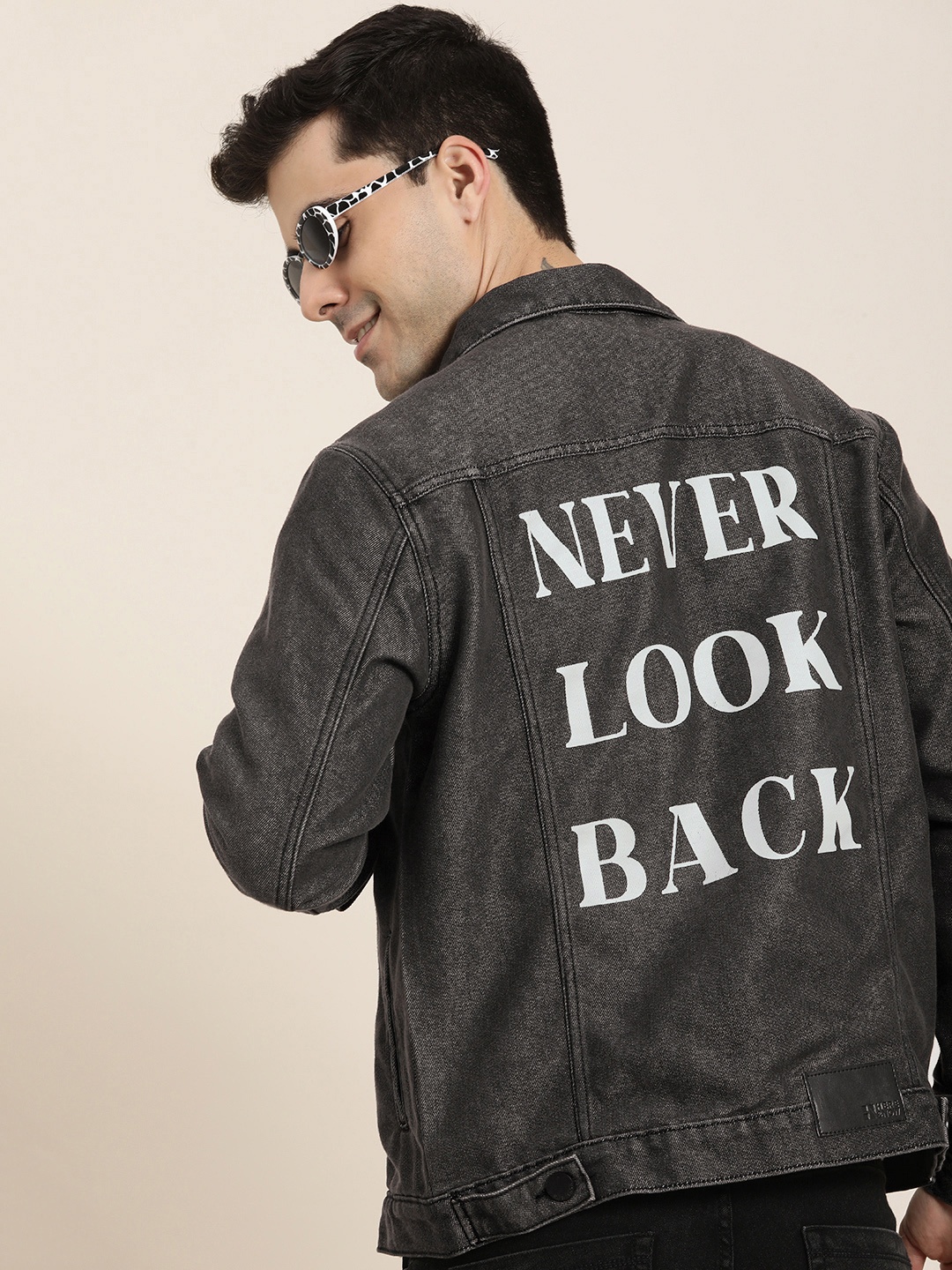 

HERE&NOW Typography Printed Denim Truckers, Charcoal