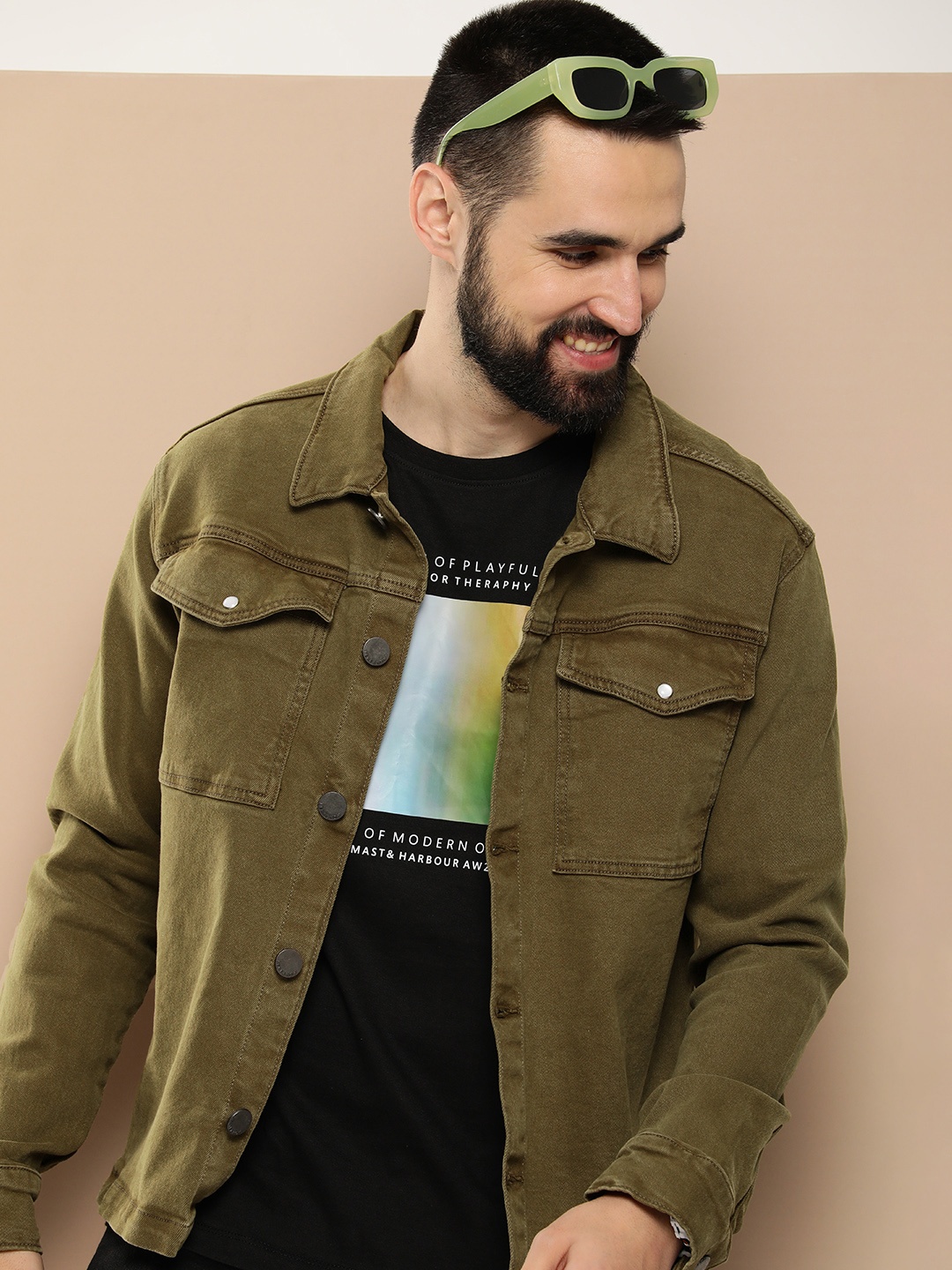 

HERE&NOW Solid Denim Truckers Jacket, Olive