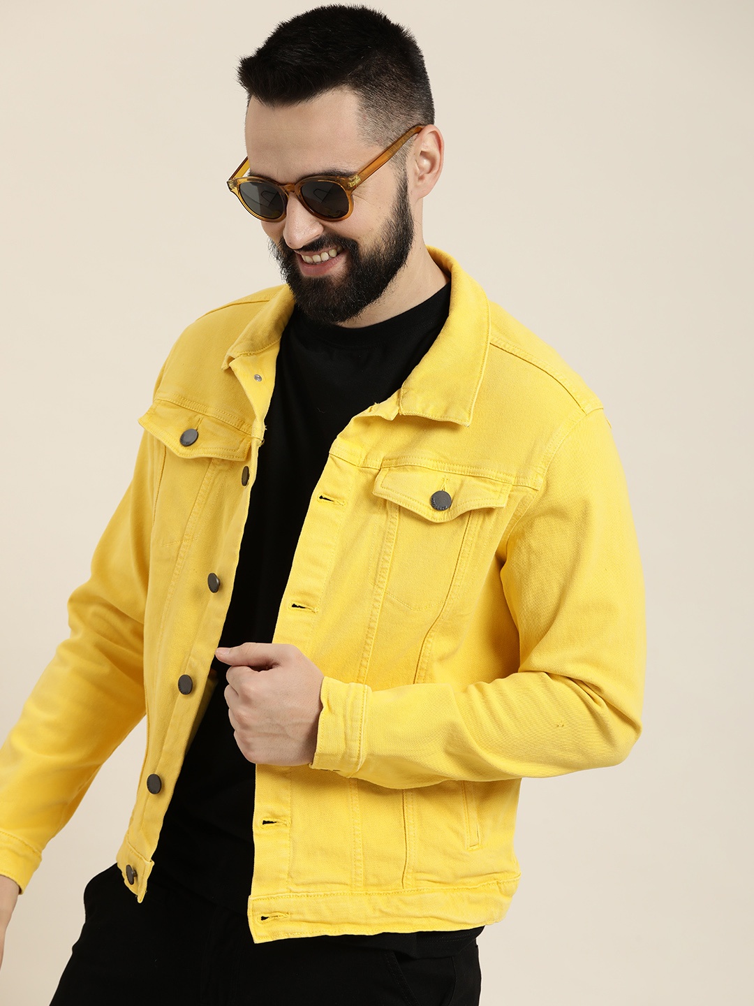

HERE&NOW Solid Spread Collar Denim Jacket, Yellow