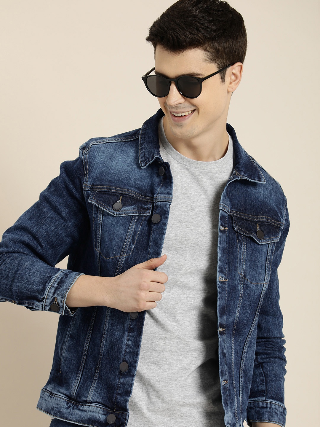 

HERE&NOW Solid Light Fade Denim Jacket, Navy blue