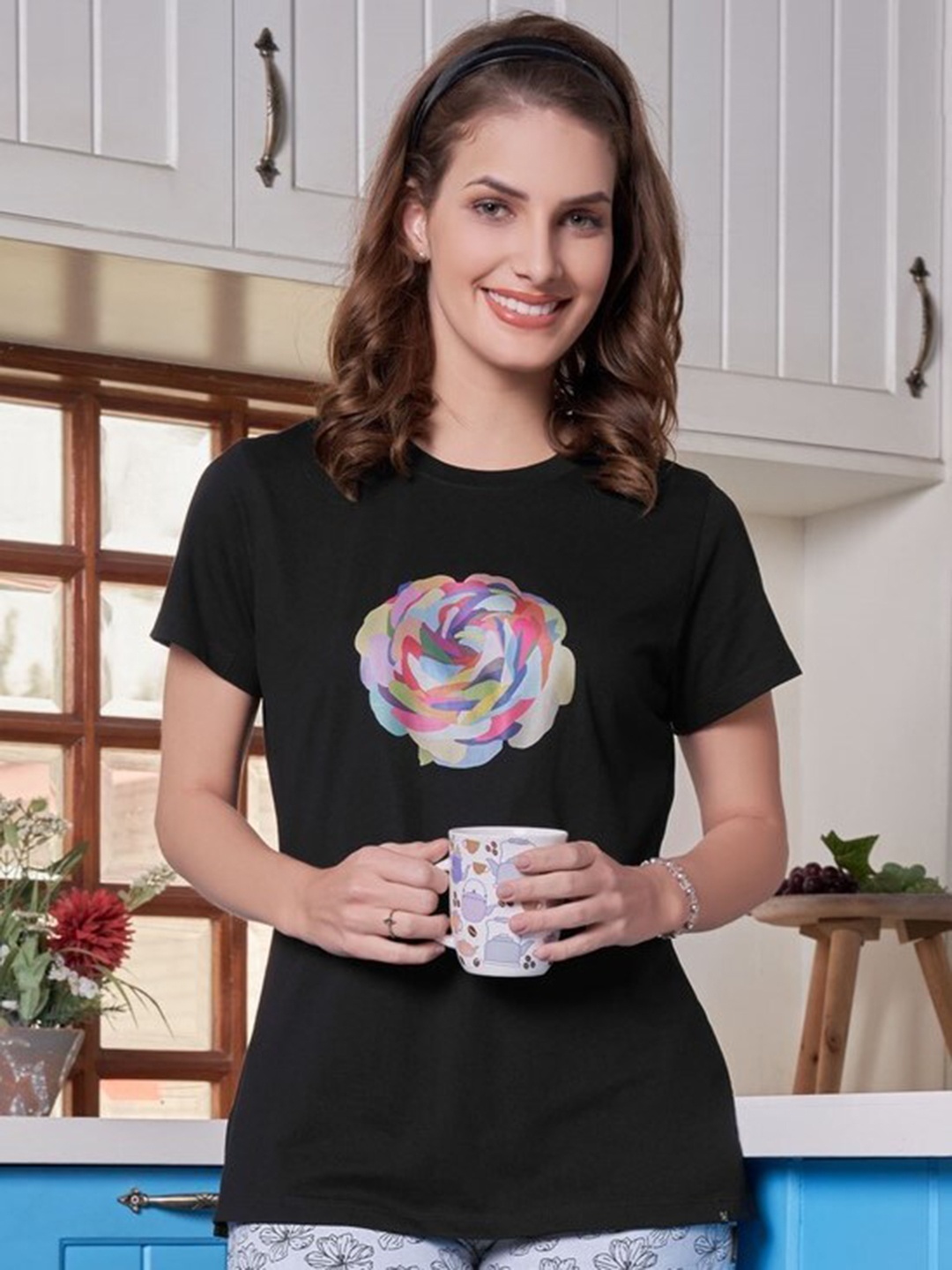 

TITTLI Floral Printed Night Suit, Black