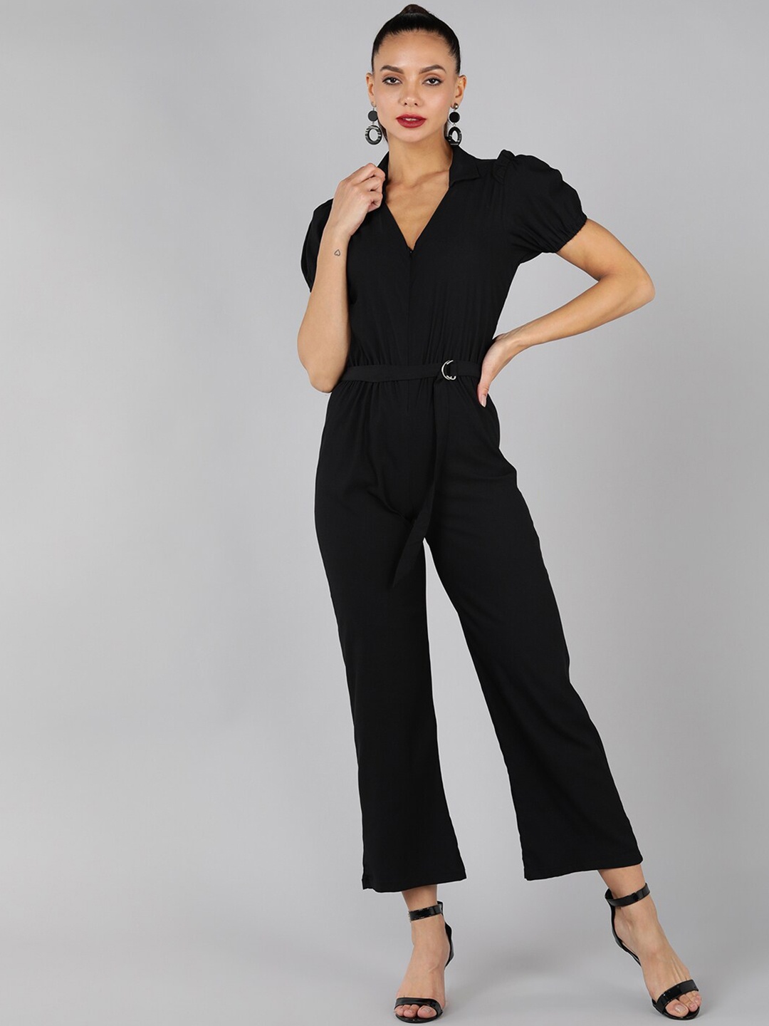 

Golden Kite Shirt Collar Puff Sleeves Basic Jumpsuit, Black
