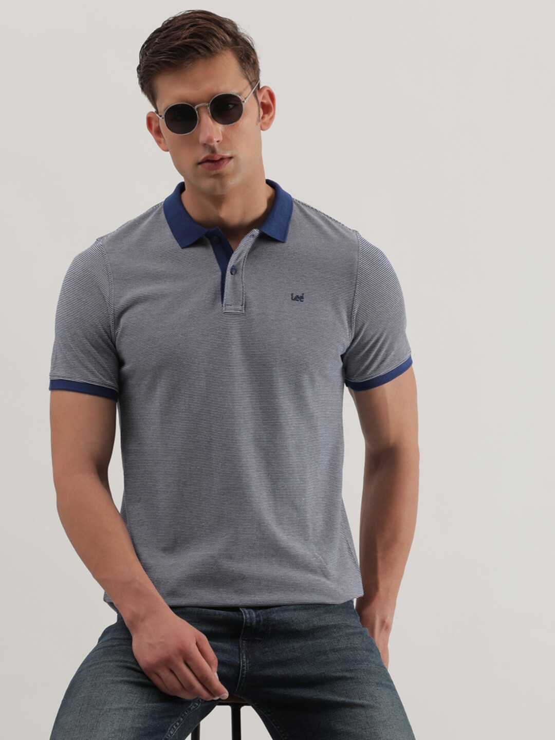

Lee Striped Polo Collar Slim Fit Cotton T-shirt, Grey