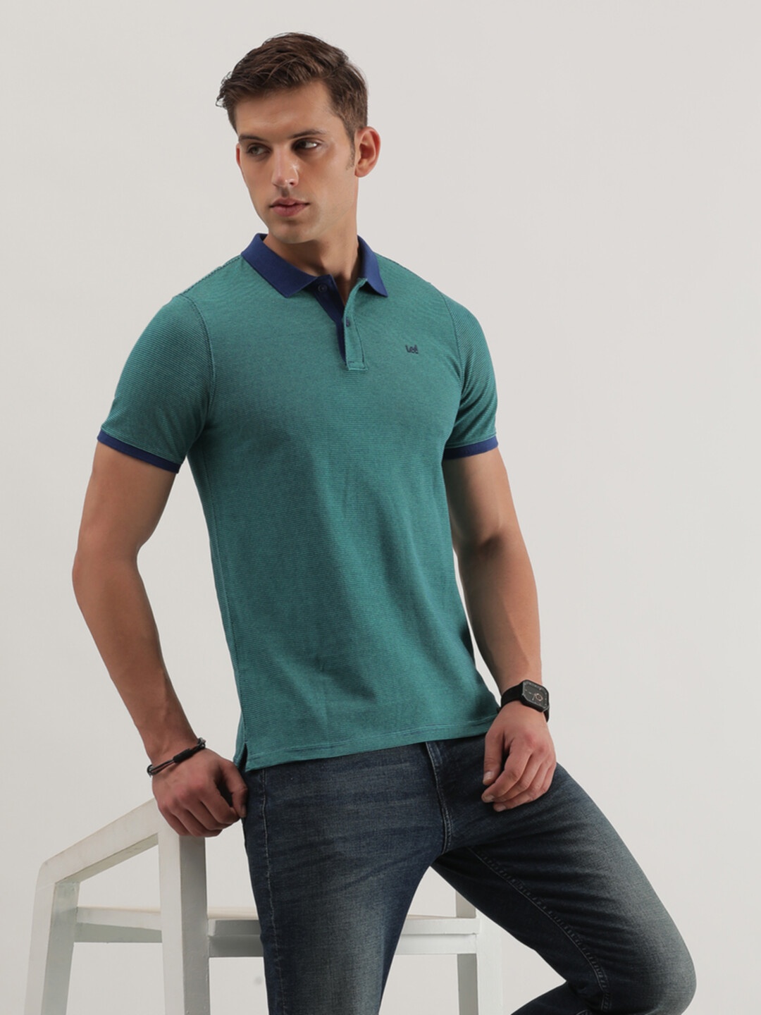 

Lee Striped Polo Collar Slim Fit Cotton T-shirt, Green