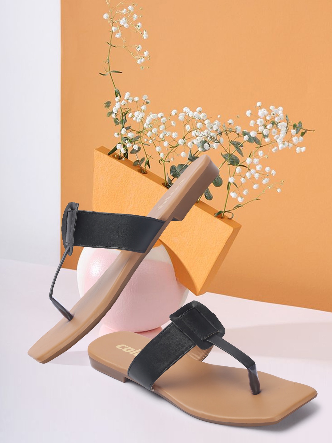 

Colo Textured T-Strap Flats, Black