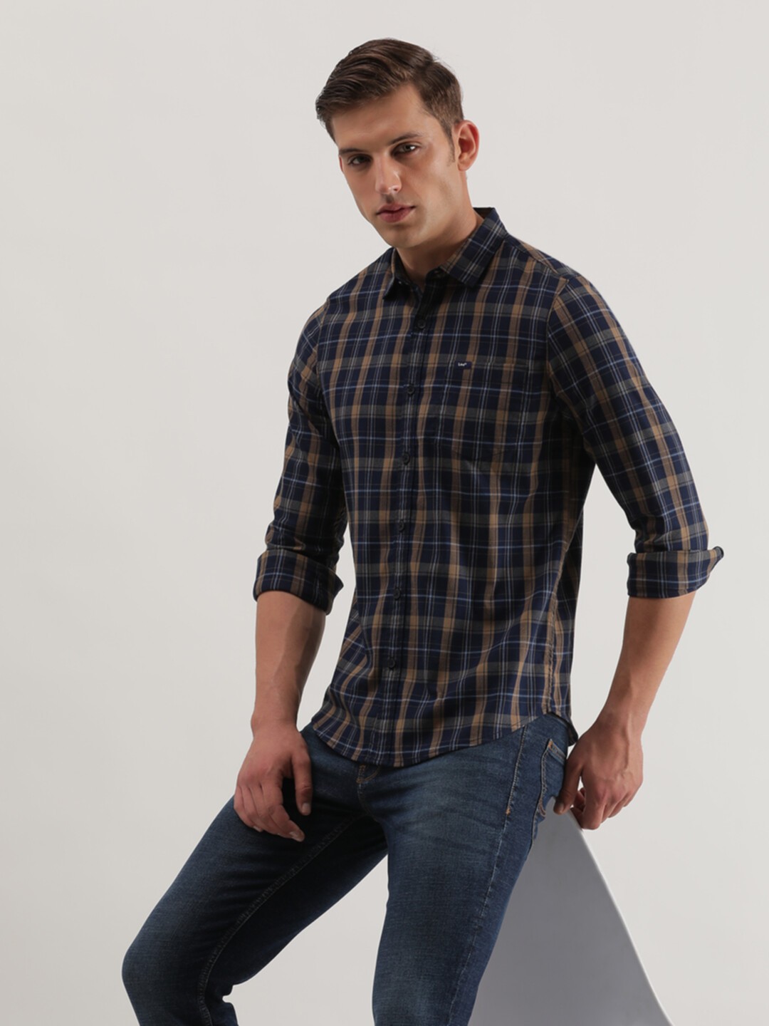 

Lee Slim Fit Tartan Checked Spread Collar Casual Shirt, Blue