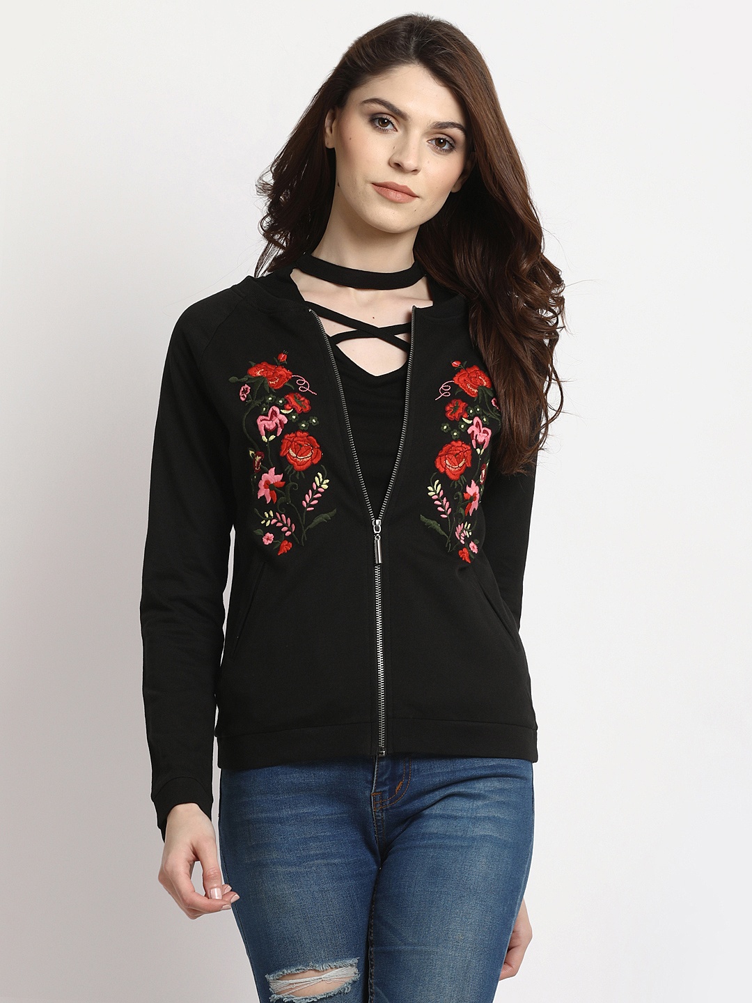 

Marie Claire Women Black Floral Embroidered Bomber Jacket