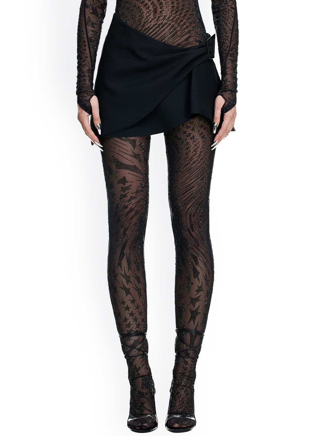

H&M Rhinestone-Embellished Mesh Tights, Black
