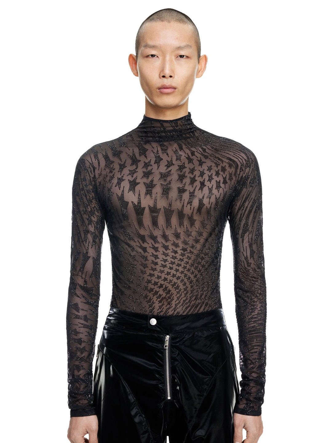 

H&M Rhinestone-Embellished Mesh Top, Black