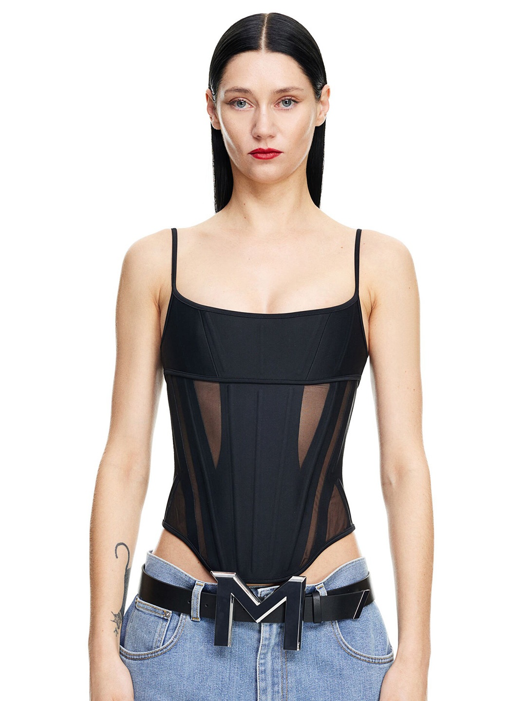 

H&M Mesh-Panelled Corset Top, Black