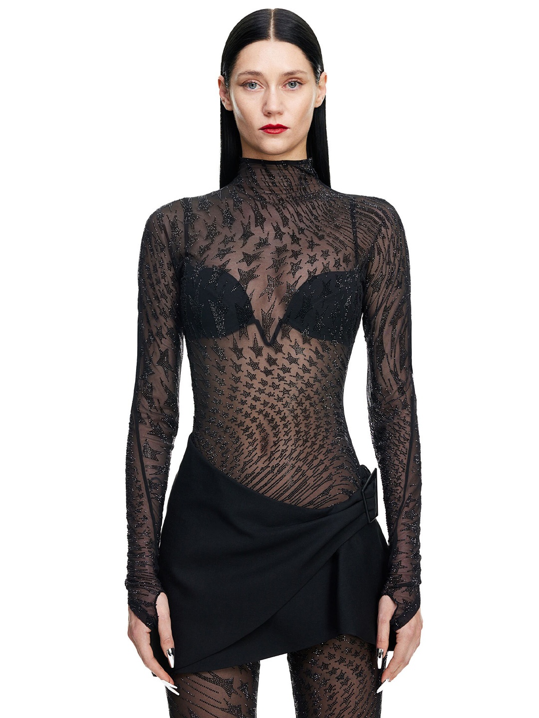 

H&M Rhinestone-Embellished Mesh Top, Black