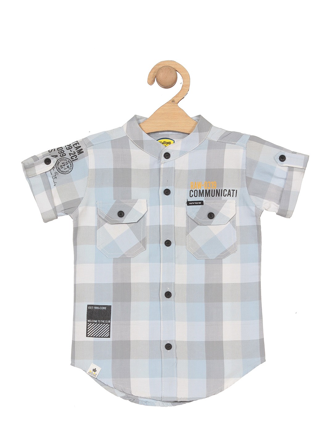

Lil Lollipop Boys Checked Band Collar Casual Pure Cotton Shirt, Blue