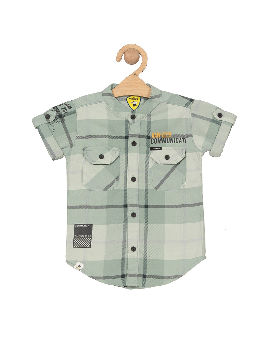 

Lil Lollipop Boys Checked Band Collar Casual Pure Cotton Shirt, Green