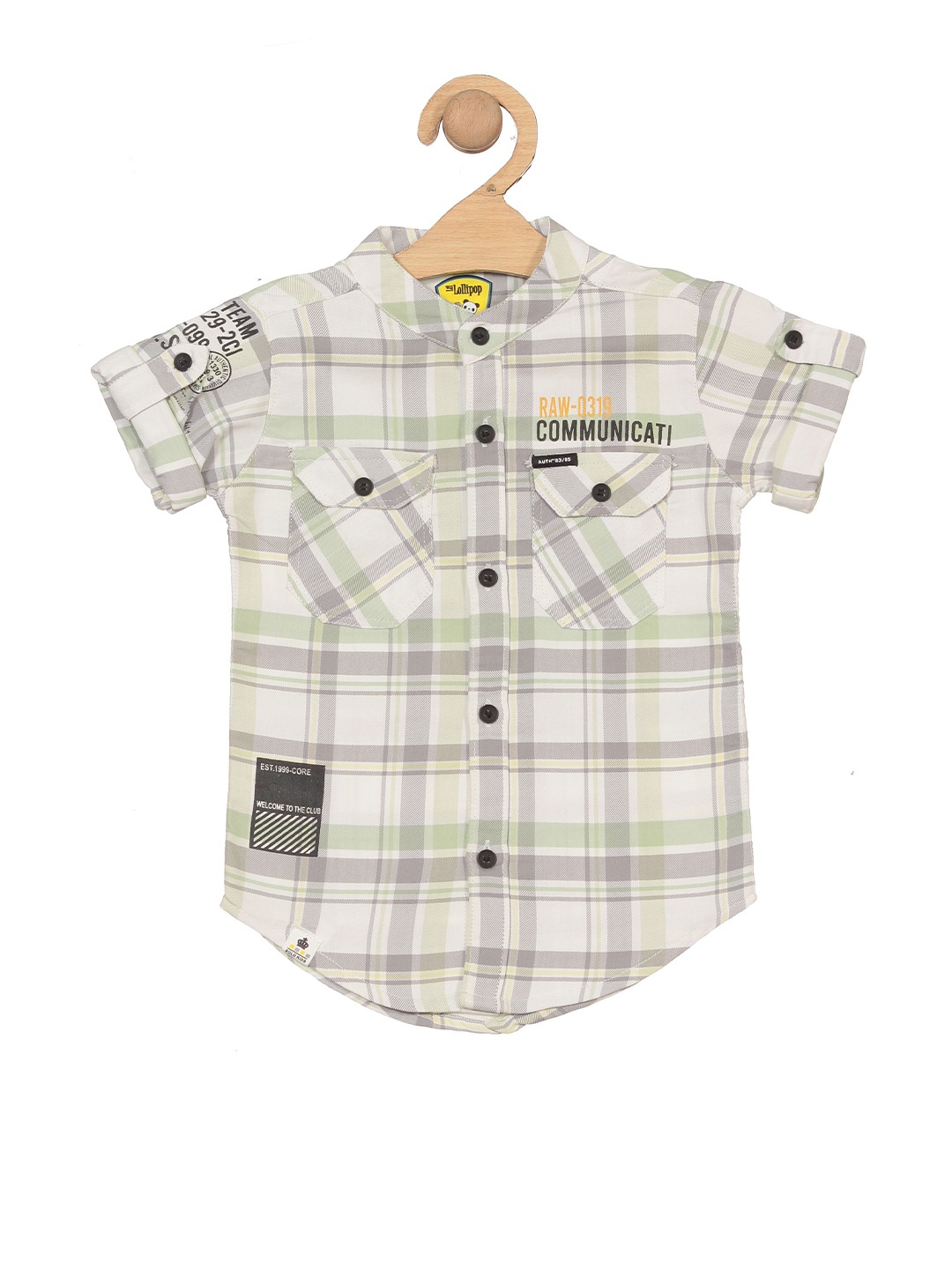 

Lil Lollipop Boys Checked Band Collar Casual Pure Cotton Shirt, Off white