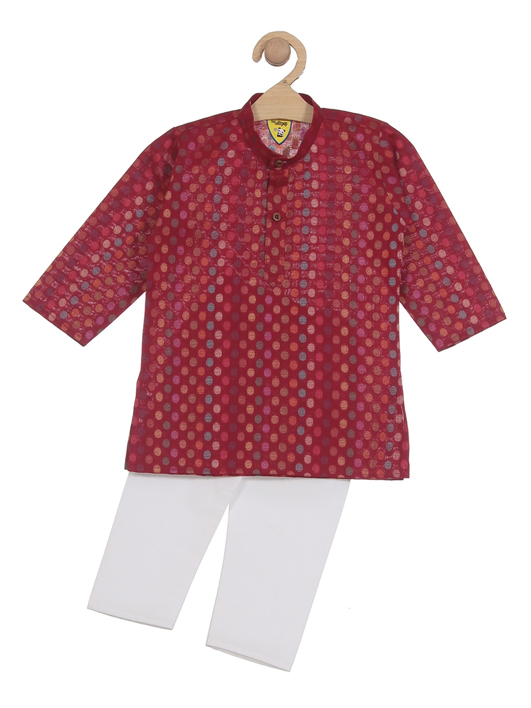 

Lil Lollipop Boys Band Collar Woven Design Pure Cotton Kurta with Pyjamas, Maroon