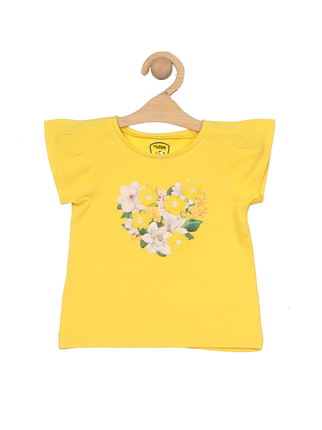 

Lil Lollipop Girls Floral Printed Raglan Sleeves Pure Cotton T-shirt, Yellow