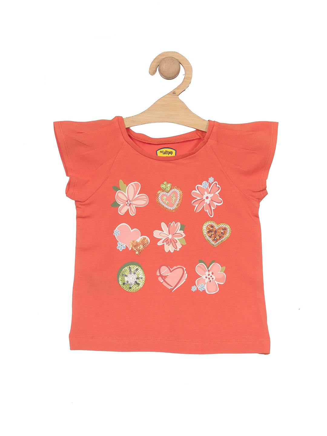 

Lil Lollipop Girls Floral Printed Raglan Sleeves Pure Cotton T-shirt, Orange