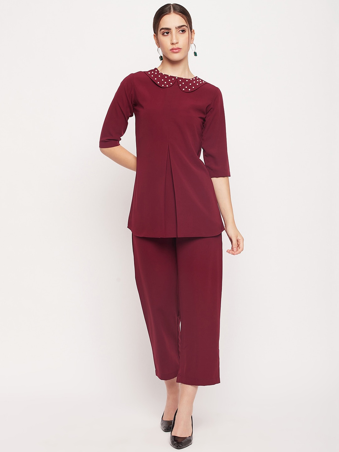 

NABIA Women Peter Pan Collar Top & Slip-On Trousers, Maroon