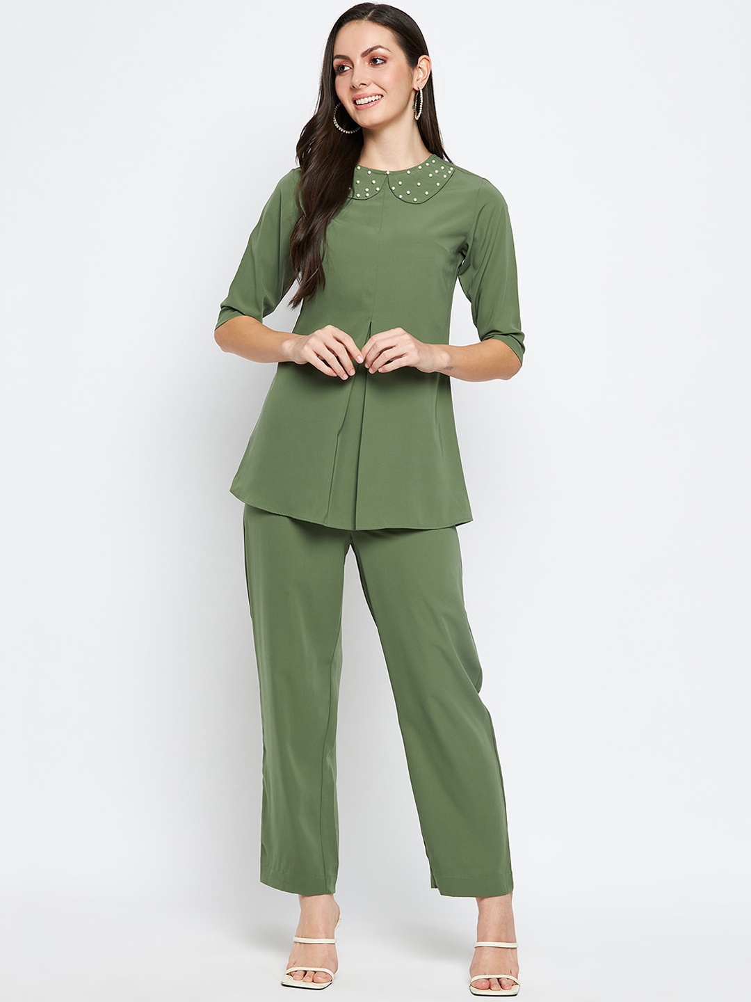 

NABIA Peter Pan Collar Longline Top With Trouser, Green