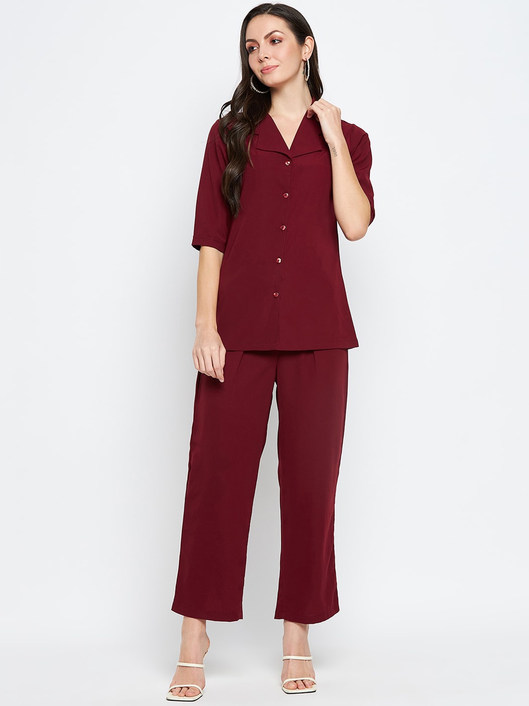 

NABIA Notched Lapel Collar Shirt & Slip-On Trousers, Maroon