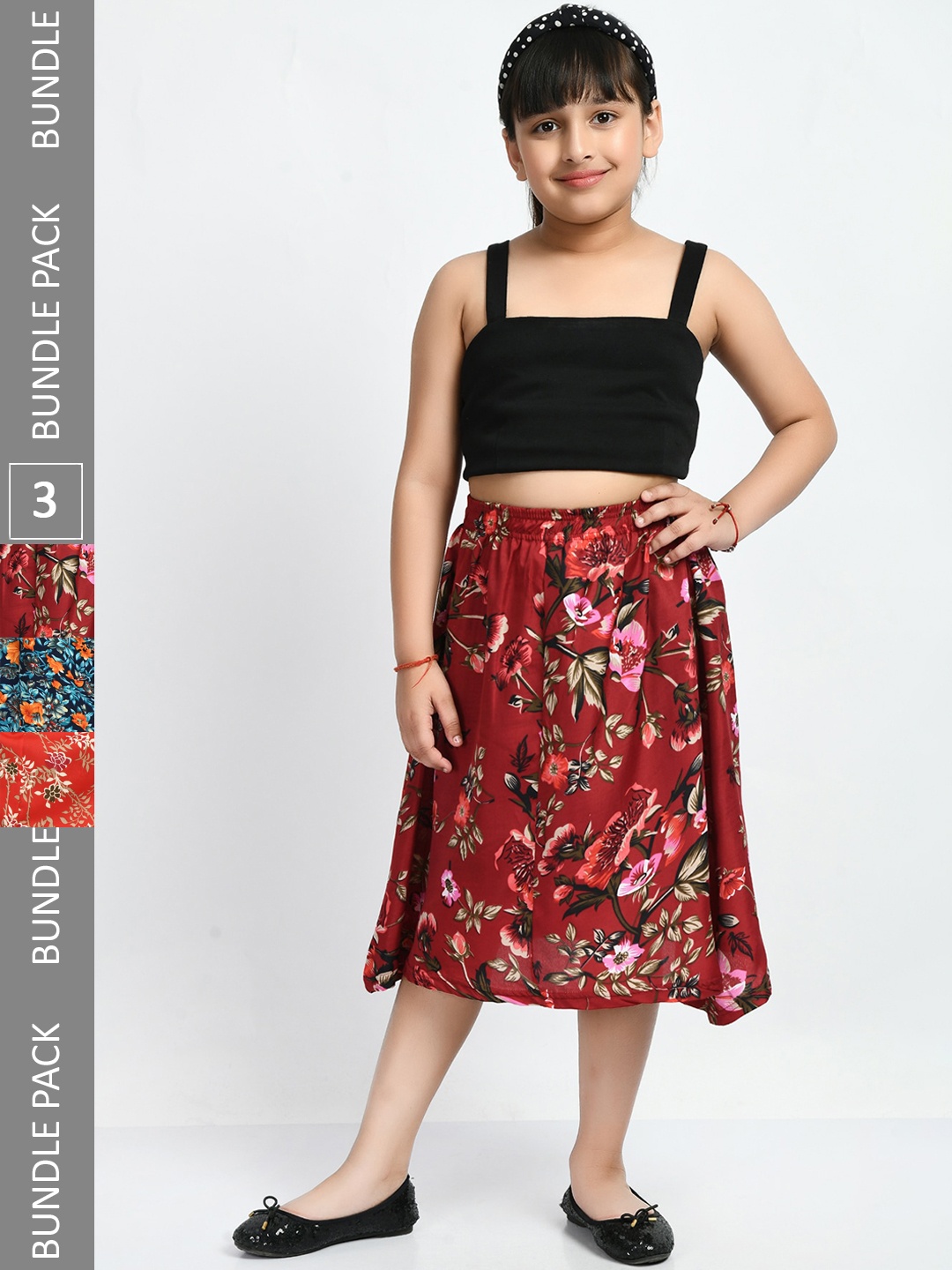 

IndiWeaves Girls Pack Of 3 Floral Printed Crepe Midi Skirts, Red