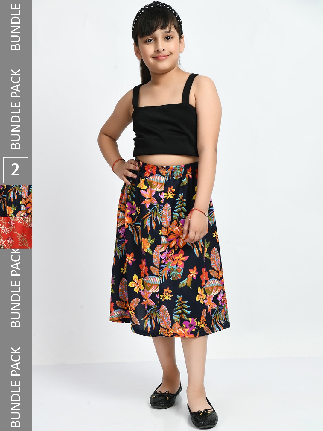 

IndiWeaves Girls Pack Of 2 Floral Printed Crepe Midi Skirts, Orange