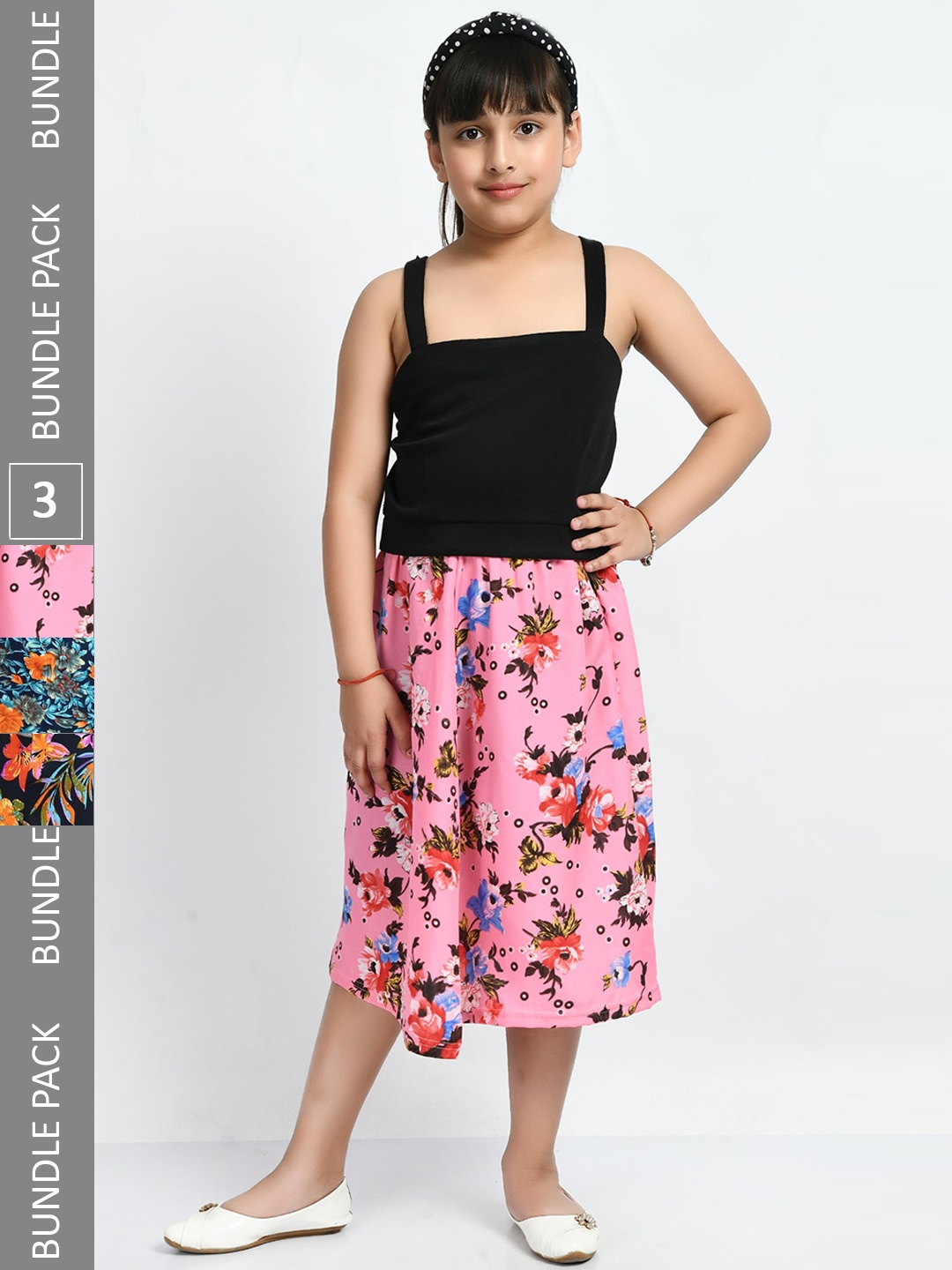 

IndiWeaves Girls Pack Of 3 Floral Printed Flared Midi Skirts, Pink