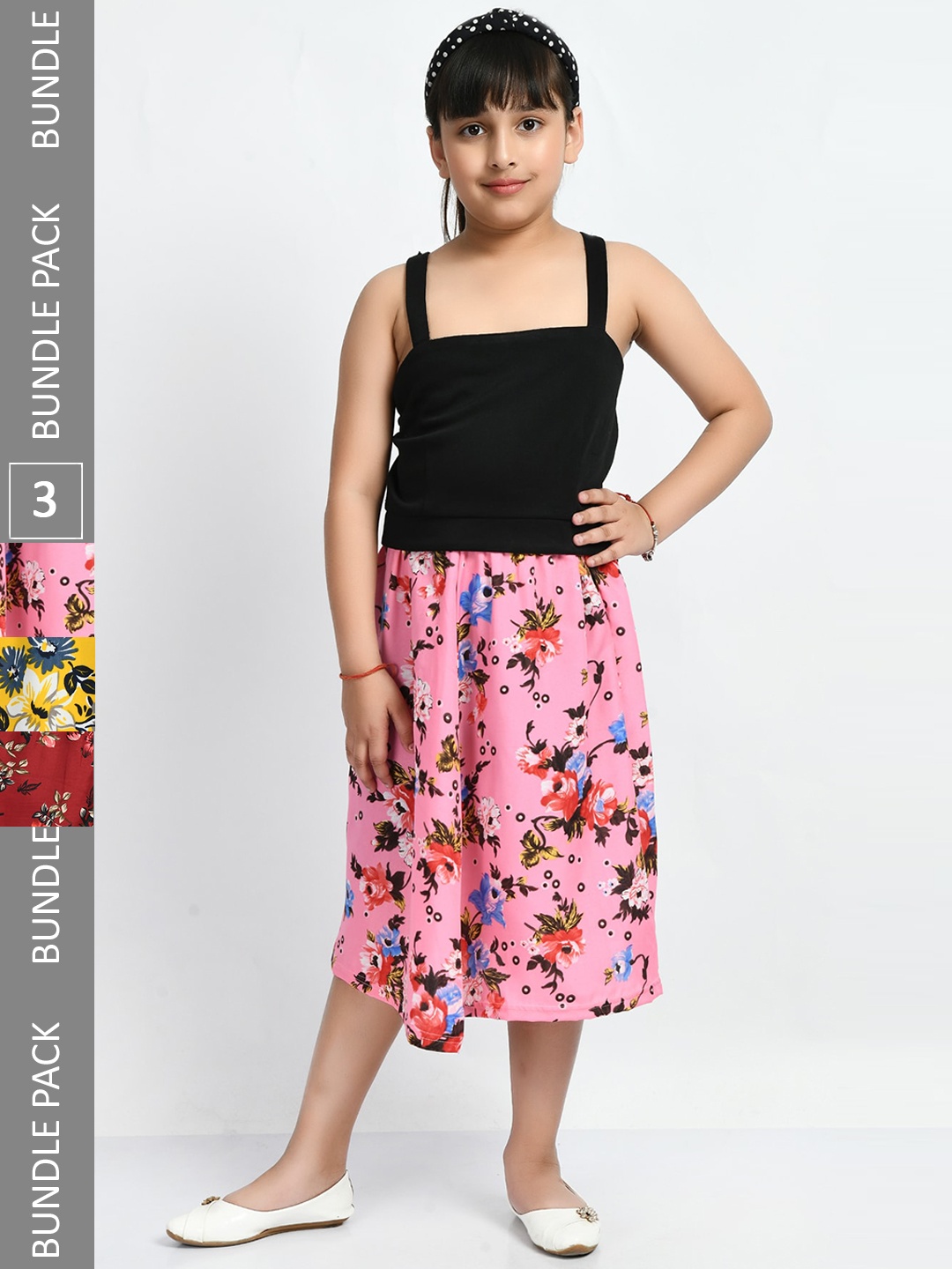 

IndiWeaves Girls Pack Of 3 Printed Flared Midi Skirts, Pink