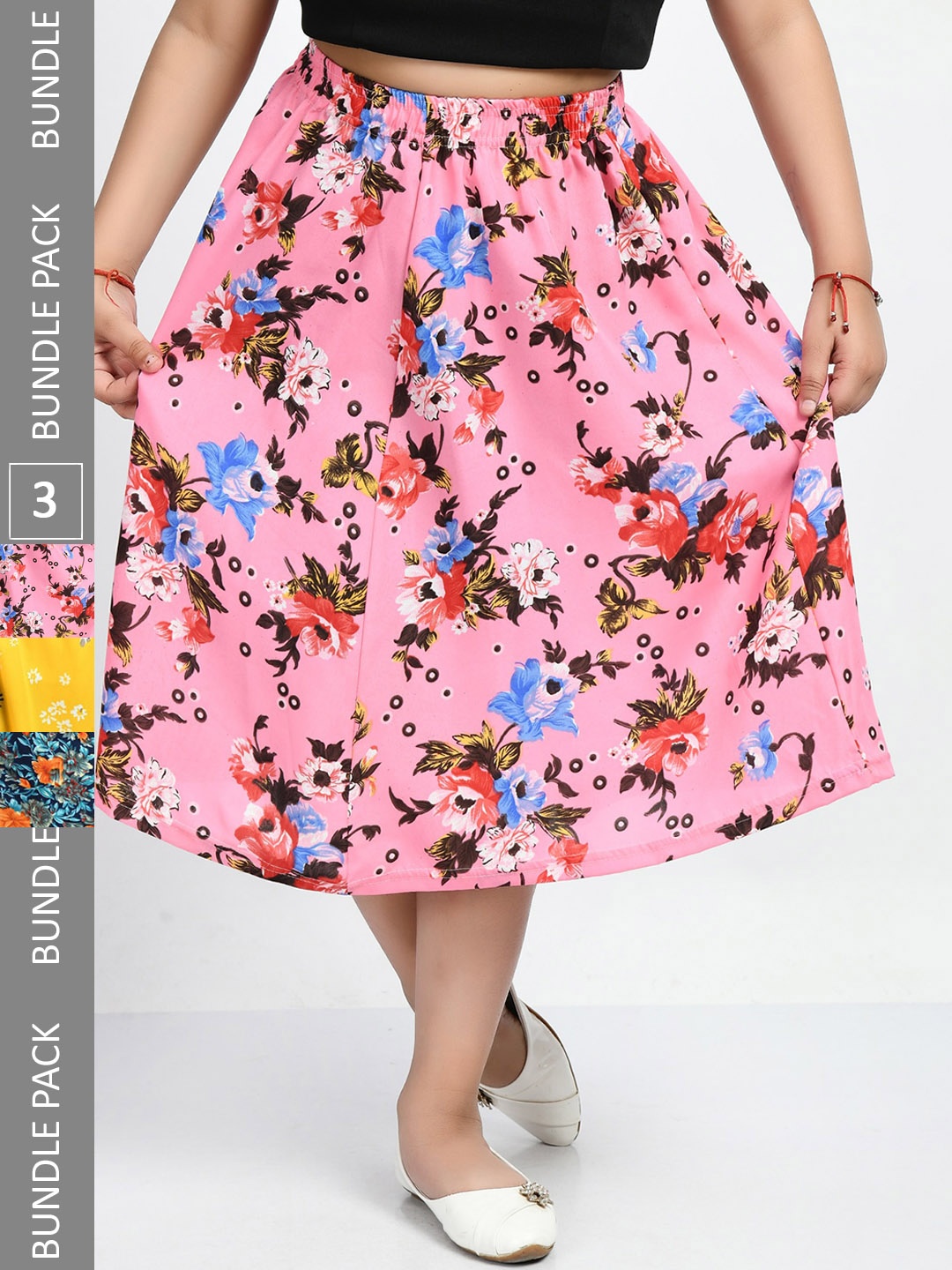 

IndiWeaves Girls Pack Of 3 Floral Printed Crepe Midi Skirts, Pink