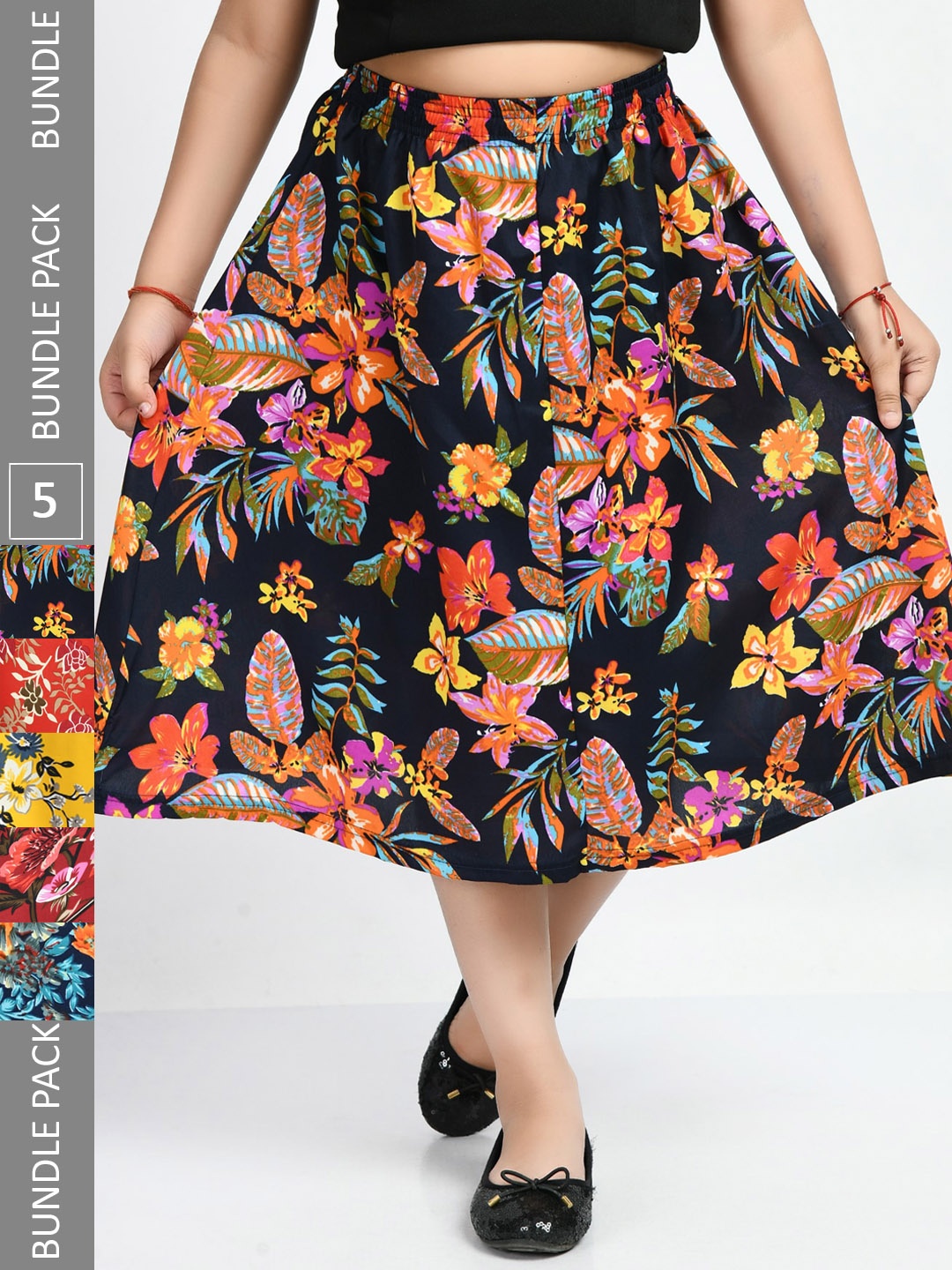 

IndiWeaves Girls Pack Of 5 Floral Printed Crepe Midi Skirts, Blue
