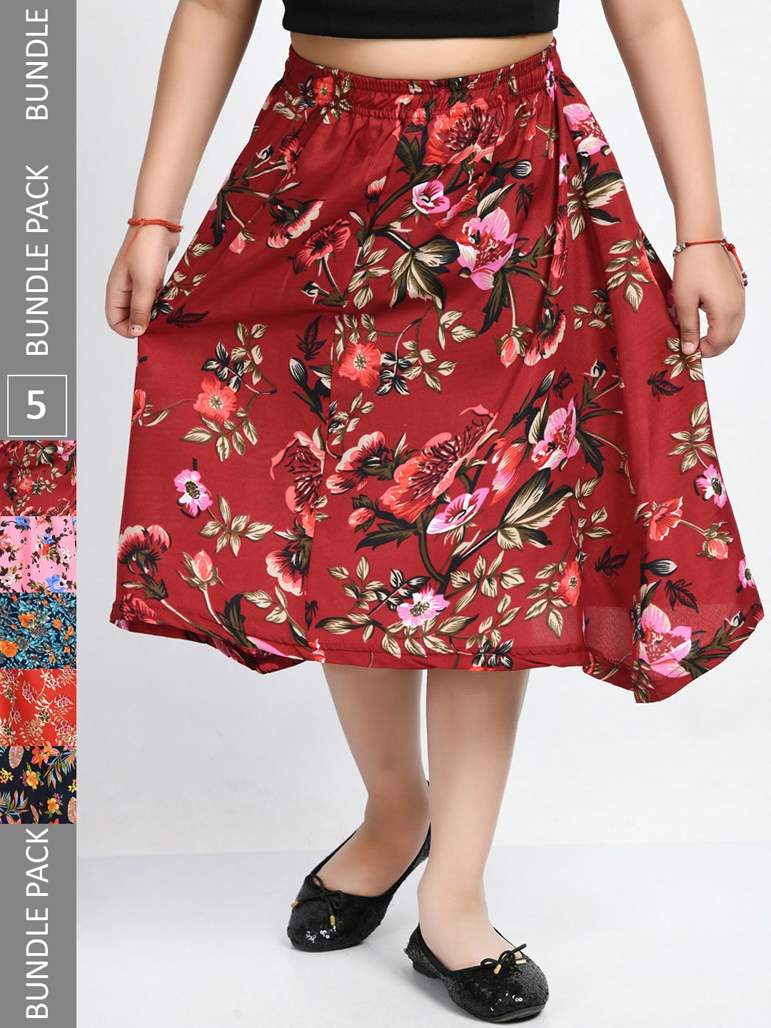 

IndiWeaves Girls Pack Of 5 Floral Printed Crepe Knee-Length Skirts, Red