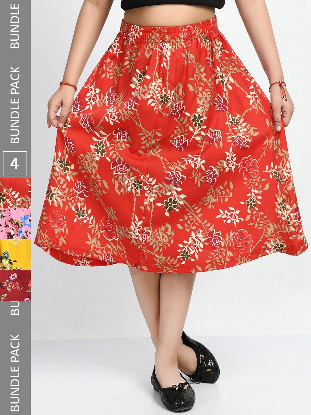 

IndiWeaves Girls Pack Of 4 Floral Printed Flared Midi Skirts, Pink
