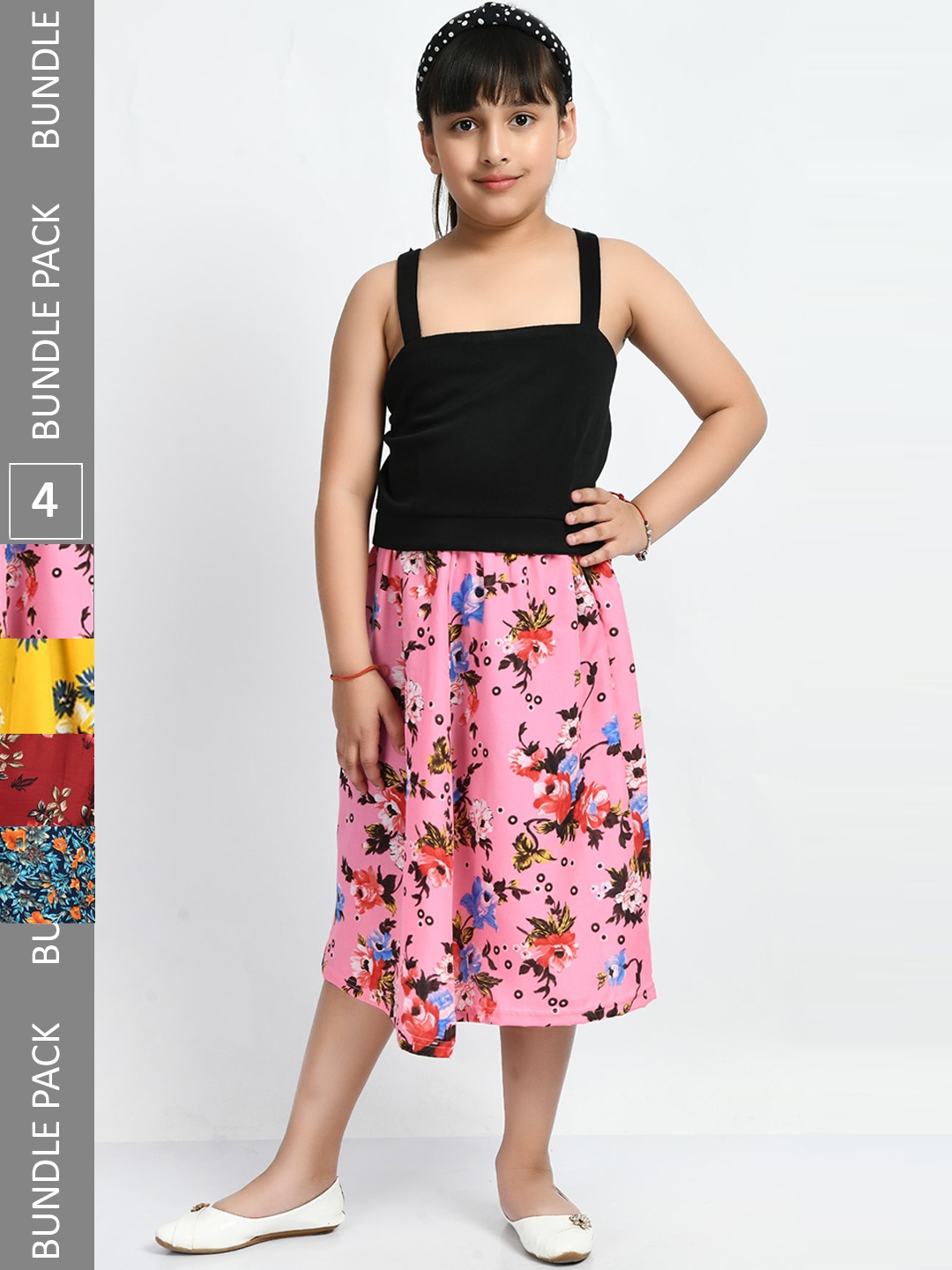 

IndiWeaves Girls Pack Of 4 Printed Flared Midi Skirts, Pink