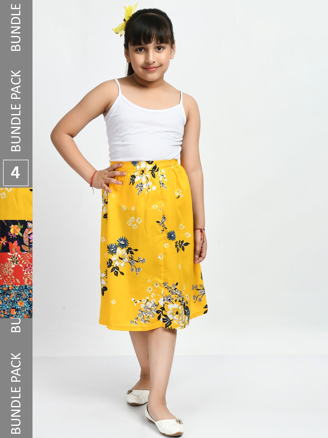 

IndiWeaves Girls Pack of 4 Floral Printed Knee-Length Skirts, Red
