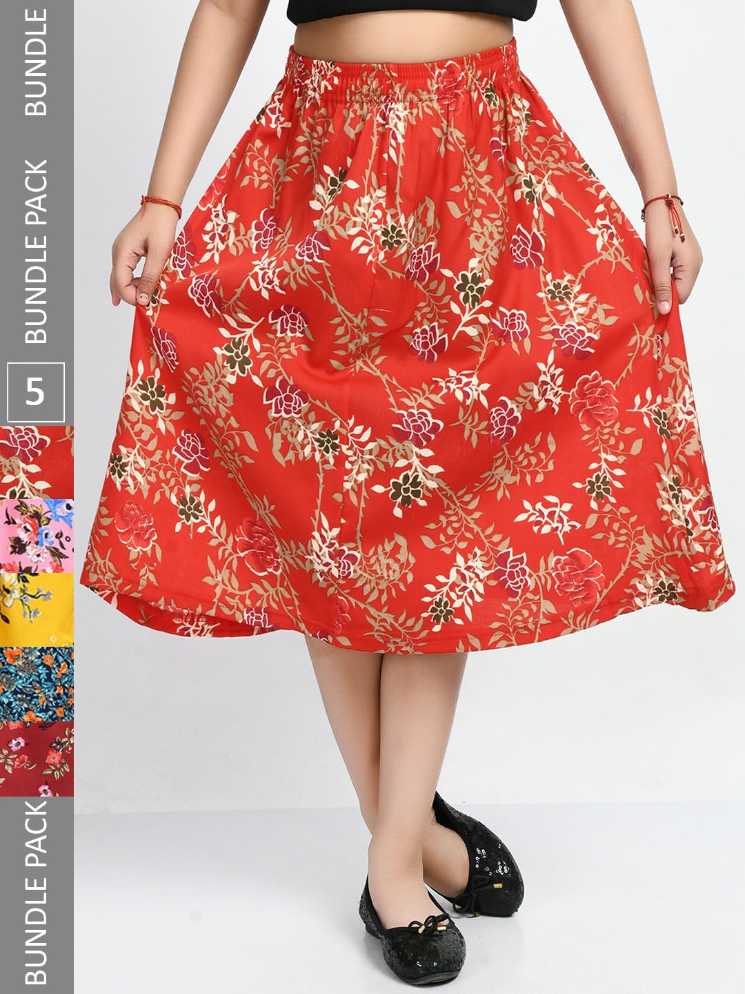 

IndiWeaves Girls Pack Of 5 Floral Printed Midi Skirts, Yellow