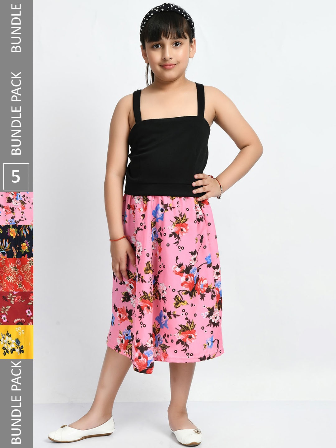 

IndiWeaves Girls Pack Of 5 Floral Printed Knee-Length Skirts, Black