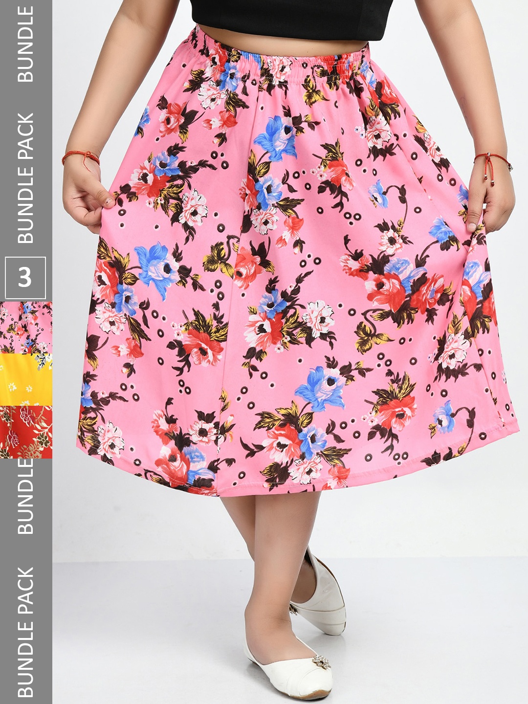

IndiWeaves Girls Pack Of 3 Floral Printed Midi Skirts, Yellow