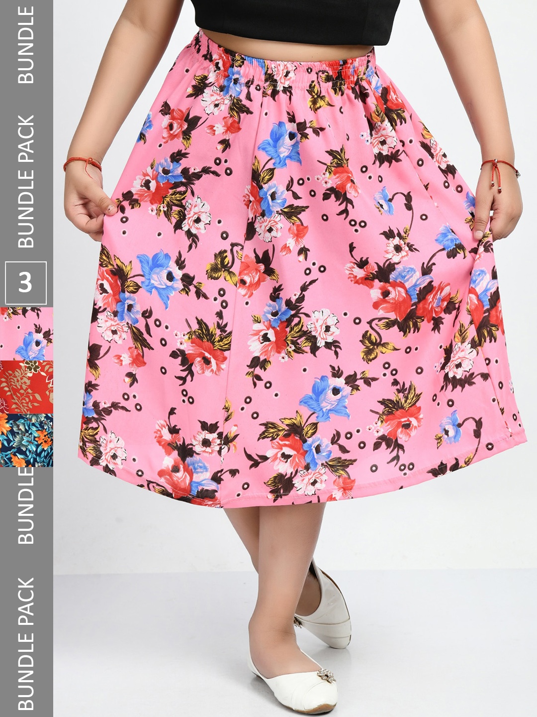 

IndiWeaves Girls Pack Of 3 Floral Printed Crepe Midi Flared Skirts, Pink
