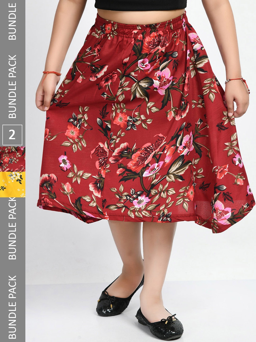 

IndiWeaves Girls Pack Of 2 Floral Printed Crepe Midi Flared Skirts, Yellow