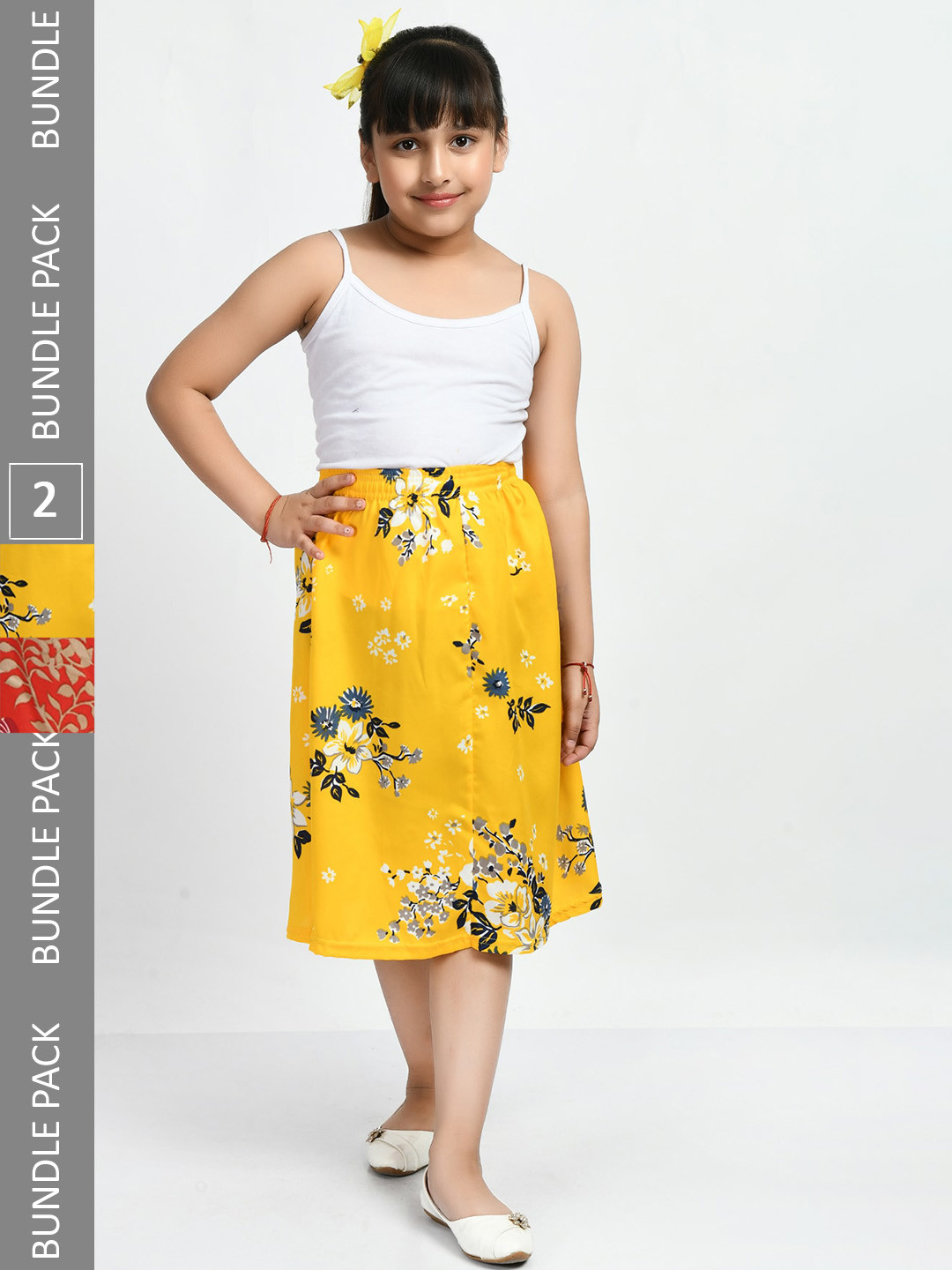 

IndiWeaves Girls Pack of 2 Floral Printed Knee-Length Skirts, Red