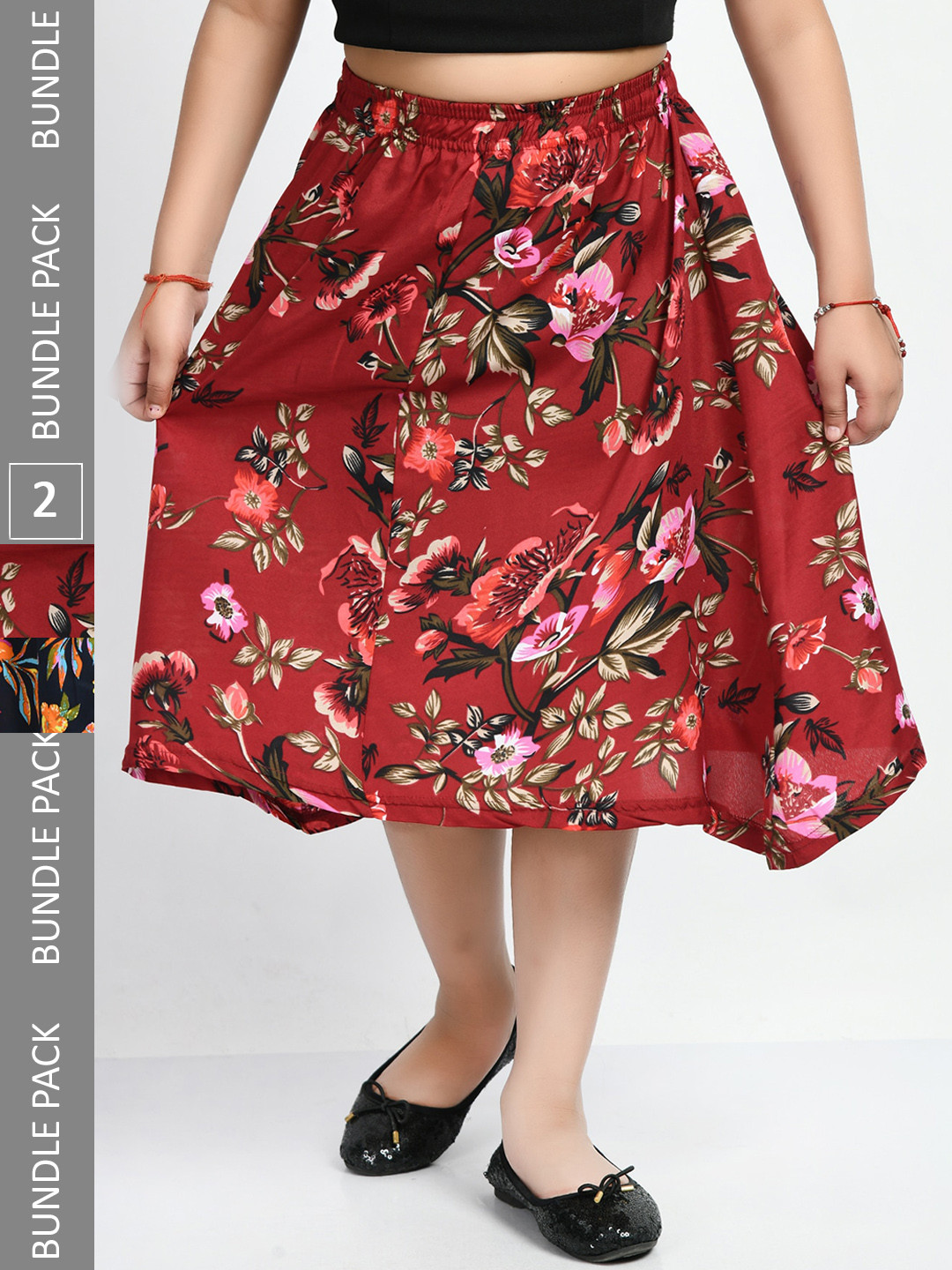

IndiWeaves Girls Pack Of 2 Printed Flared Midi Skirts, Black