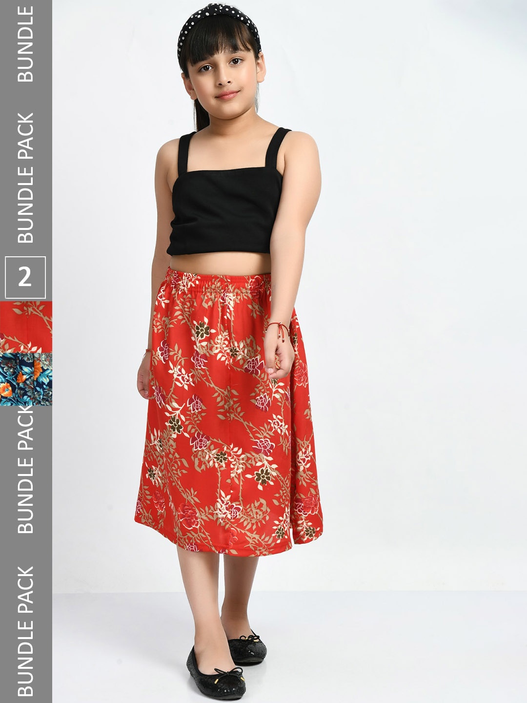 

IndiWeaves Girls Pack of 2 Floral Printed Crepe Midi Skirts, Red