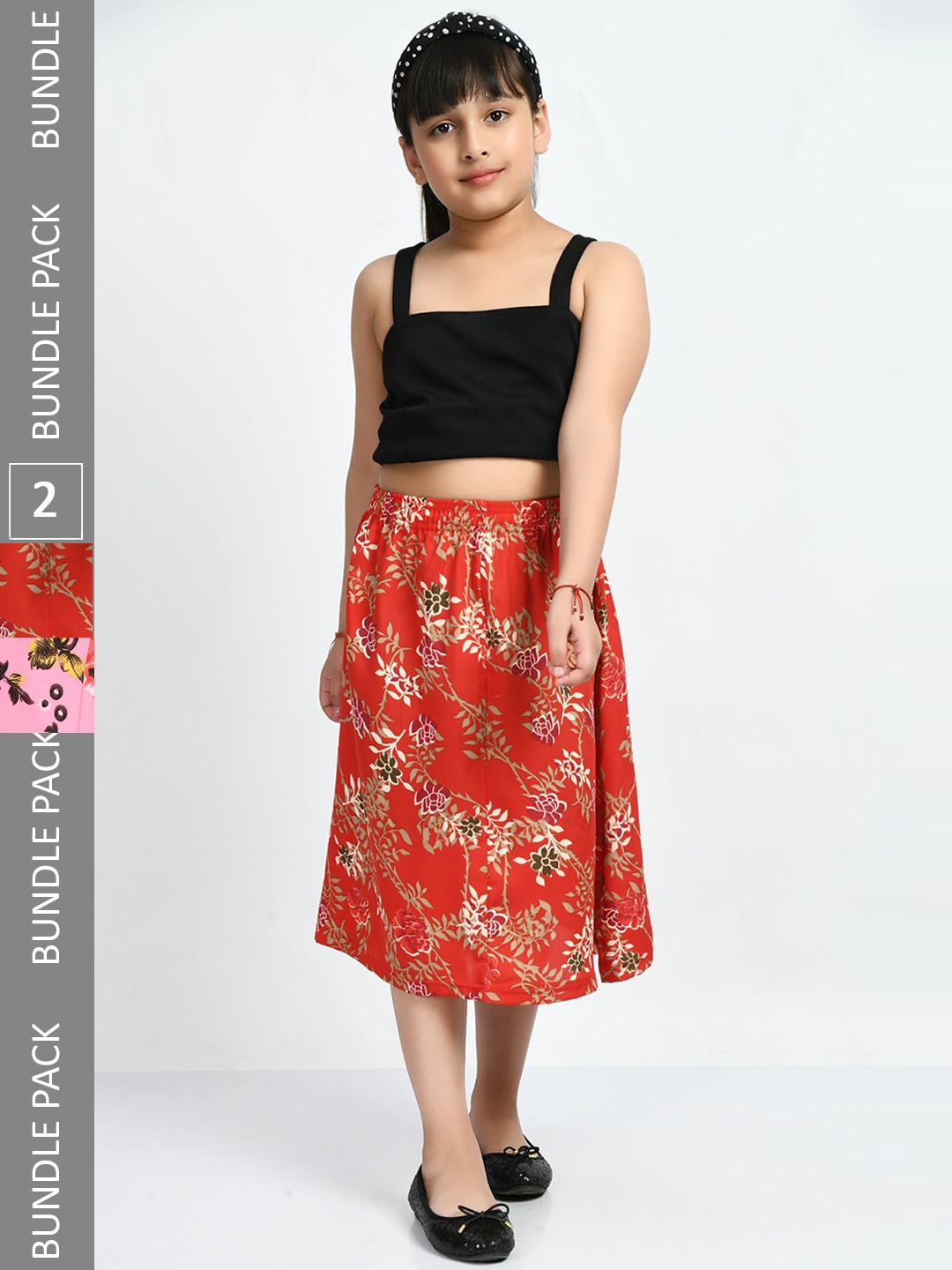 

IndiWeaves Girls Pack Of 2 Floral Printed Flared Midi Skirts, Red