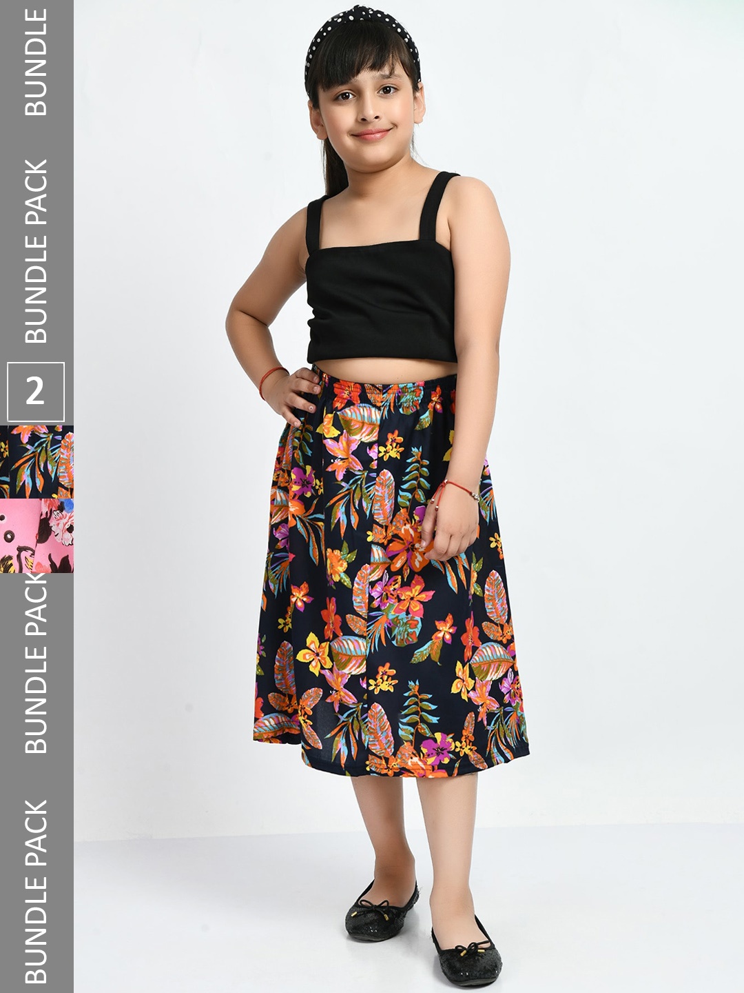 

IndiWeaves Girls Pack Of 2 Floral Printed Flared Midi Skirts, Black