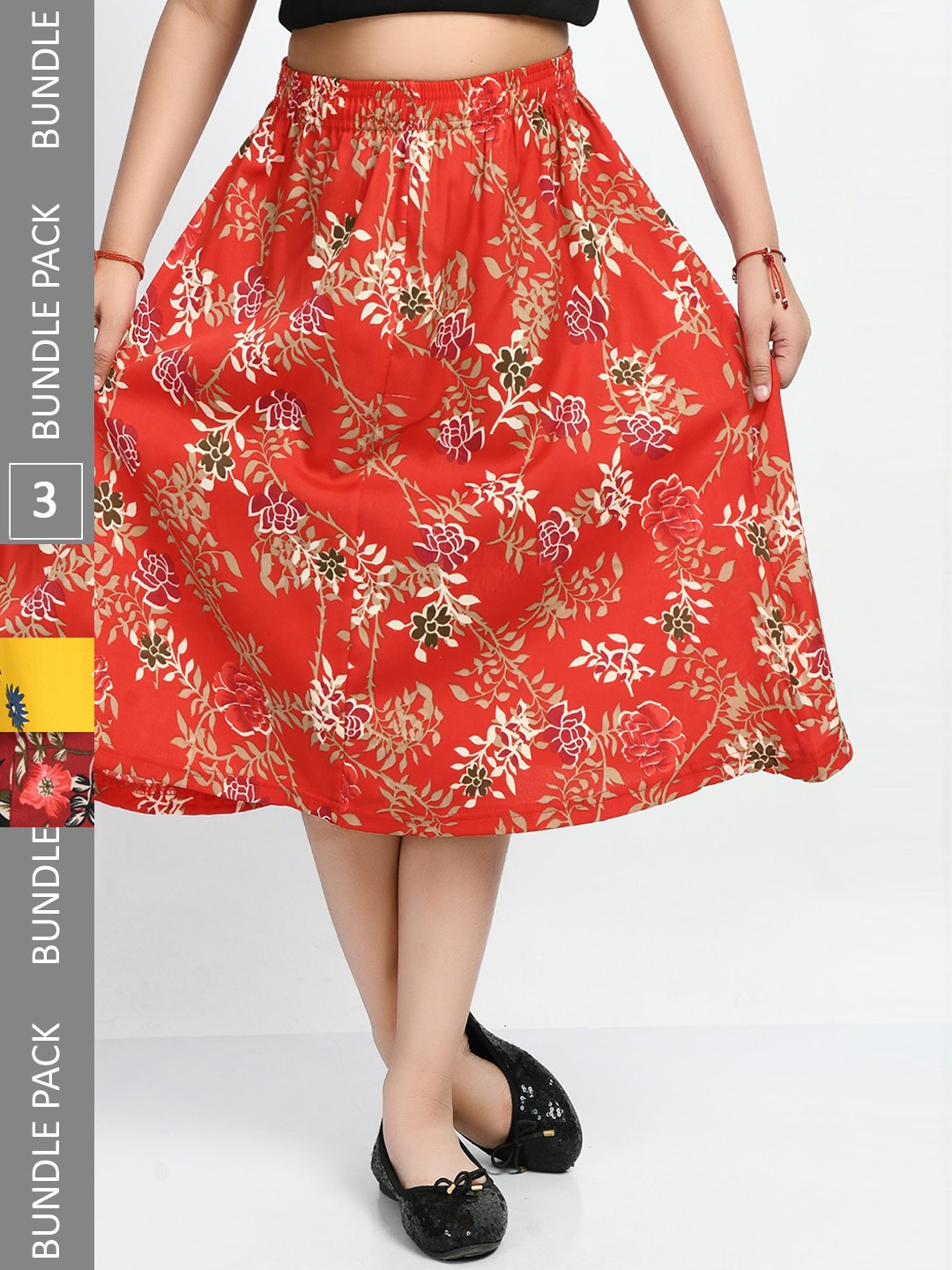 

IndiWeaves Girls Pack Of 3 Floral Printed Midi-Length Flared Skirts, Red