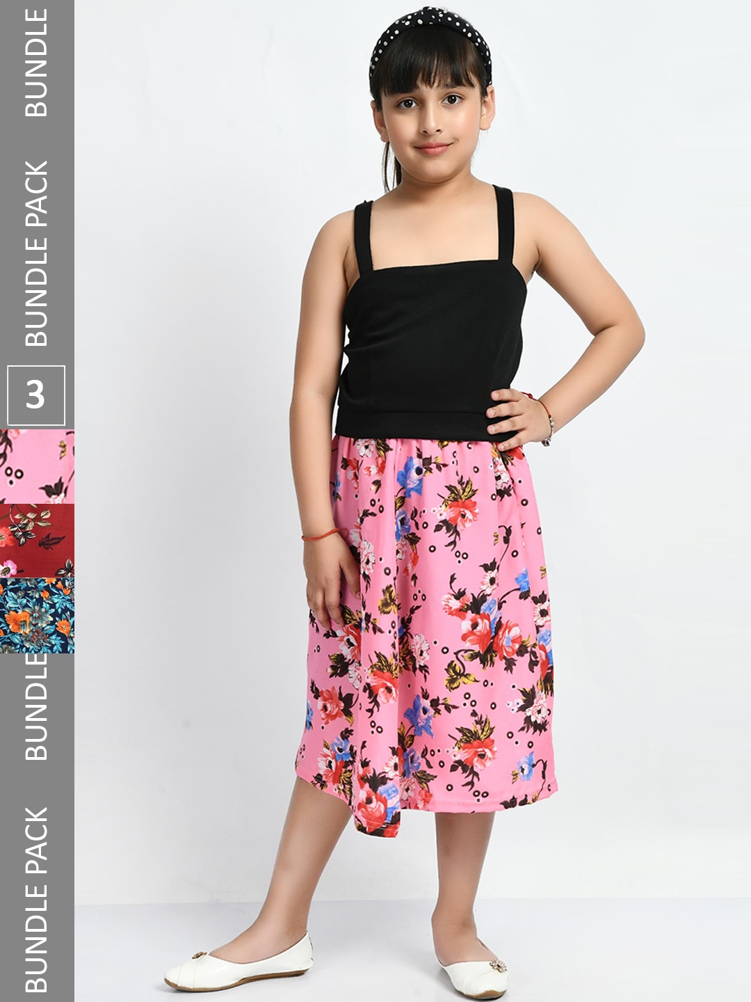 

IndiWeaves Girls Pack Of 3 Floral Printed Skirts, Blue